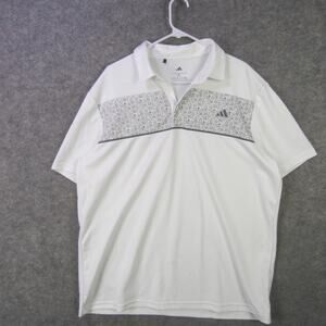 Adidas Polo Shirt Mens XL White Floral Chest Stripe Short Sleeve Golf Athletic